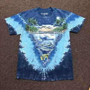VTG 2000 Liquid Blue Ocean T-Shirt  Fish Tie Dye Sz Medium Whale Island Dolphin